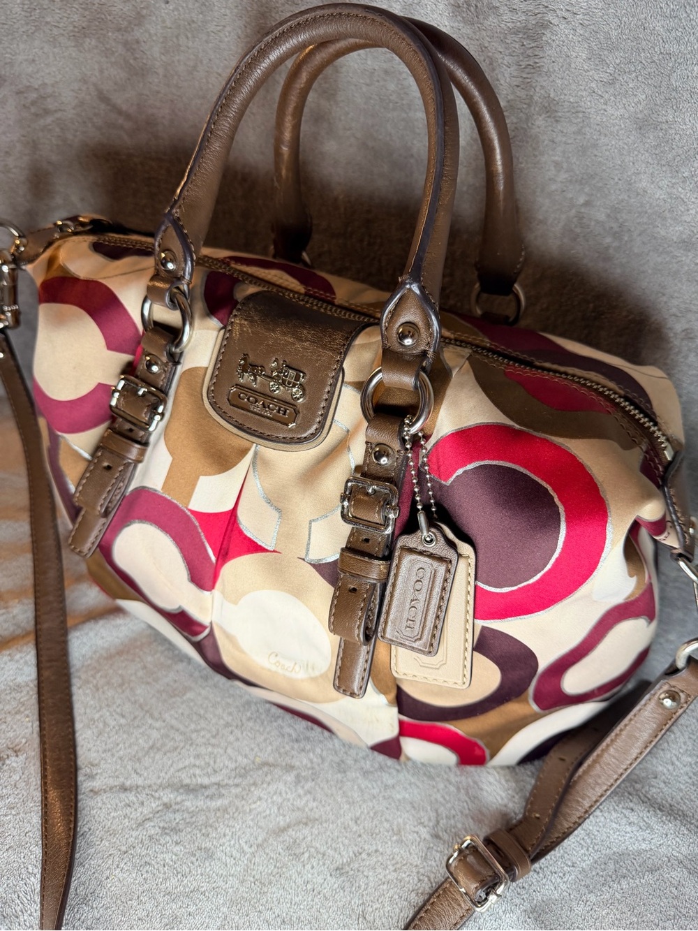 Coach Op Art Multicolor Satin Monogram Satchel with Brown Leather Trim - Picture 3 of 11